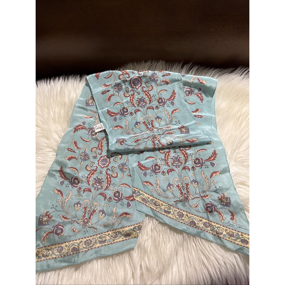 ginnie johansen 100% Silk Scarf Light Blue Floral Pattern Vintage Made In Japan